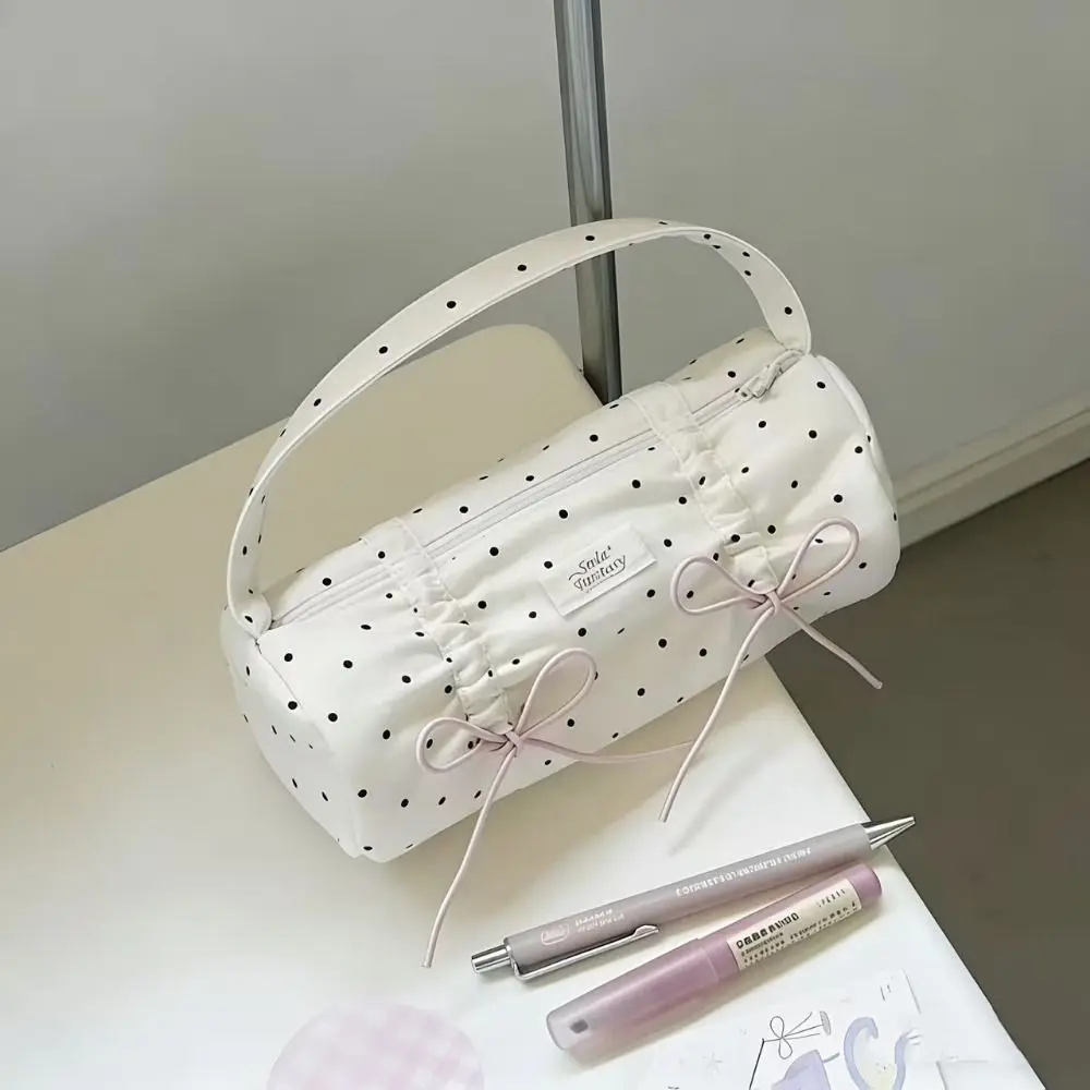 

Durable Polka Dot Bow Design Pencil Case Handheld Portable Stationery Pouch Large Capacity Storage Bag School Office