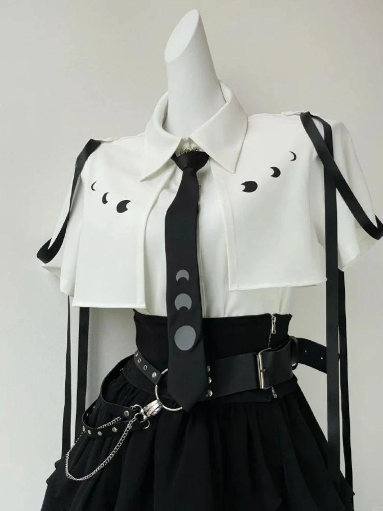 Gothic Style Elegant Top + Mini Cake Skirt + Corset Belt Three-Piece Set Women Casual Japanese Patchwork Bodycon Spring Summer view 6