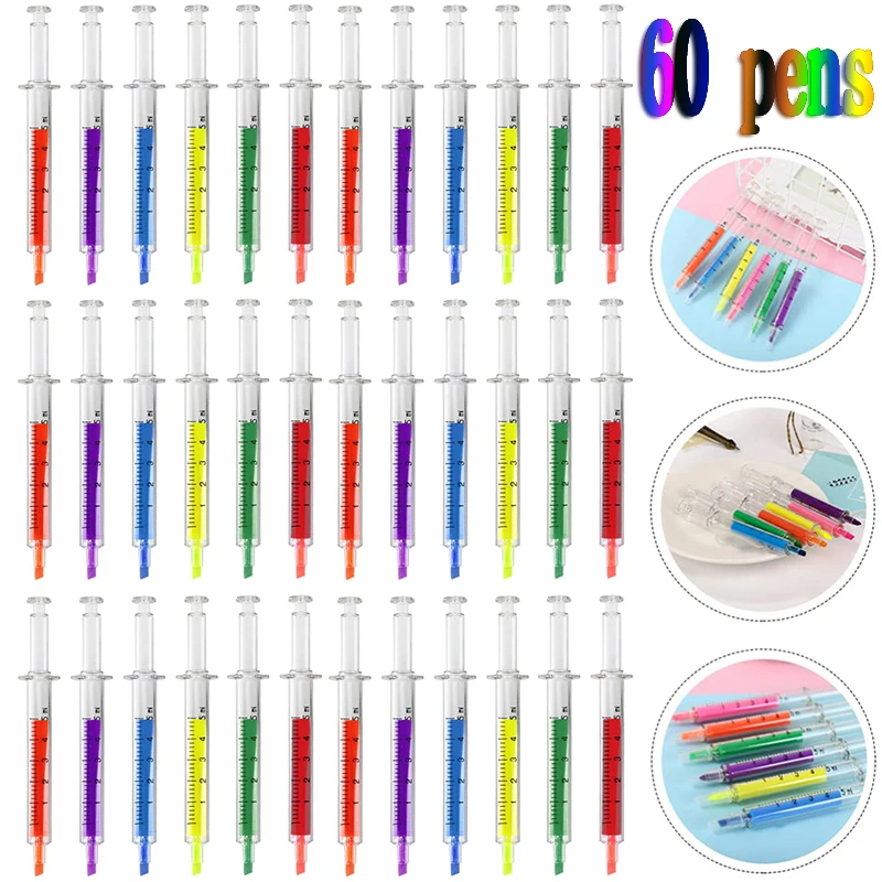 60pcs Ballpoint Pen with Liquid Syringe Injector Shape Office Stationery