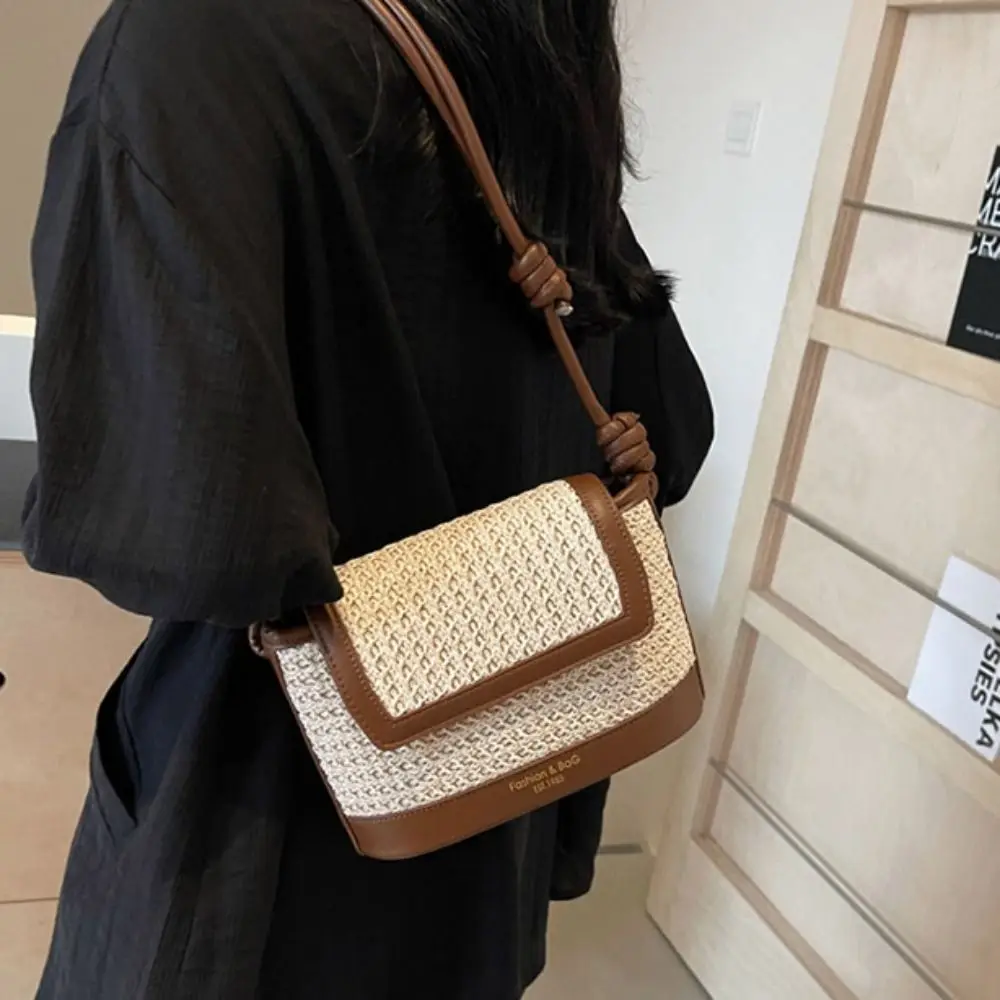 

Simple Large Capacity Weave Bag Colorful Shopping Bag Straw Bag PU Leather Fashion Bohemian Shoulder Bag Girls