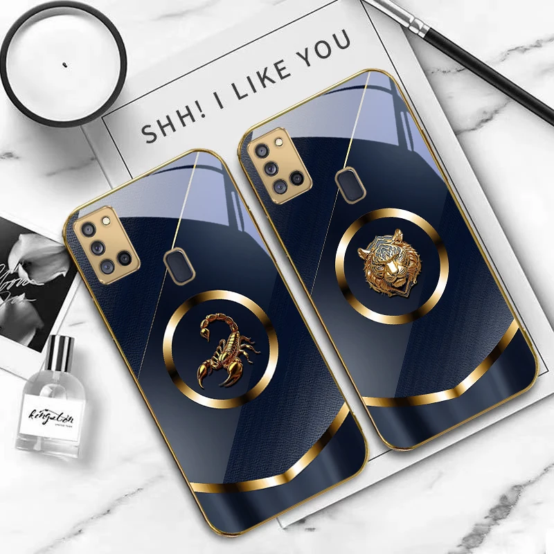 رأس النمر الفاخر لسامسونج A 70 71 72 73 14 15 13 16 25 A26 31 32 33 34 35 50 51 52 53 54 55 56 حافظة هاتف زجاجية ذهبية