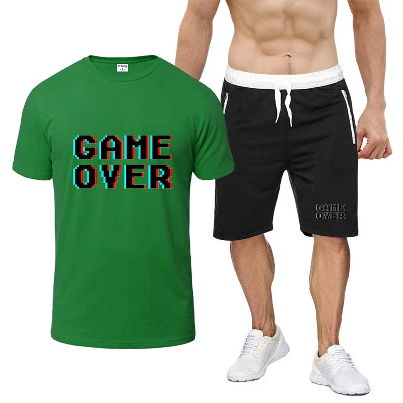 

Game Over 80s Oversized 2025 Summer Men's New Nine-color Short-sleeved Breathable Set T-shirt+ Sports Pants Thin Suit