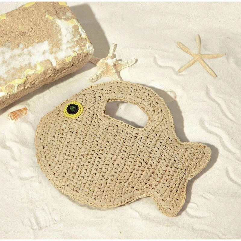 Goldfischförmige Clutch aus Papierseil, handgefertigte Damen-Handtasche mit Henkel, leichte, lässige Sommer-Strand-Party-Abendtasche – Detail 10