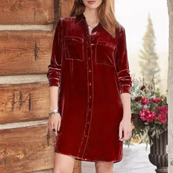 Red Golden Velvet Shirt Dress Christmas Long Sleeve Velvet Dress Evening Dress Party Dress For Women Summer Fashion