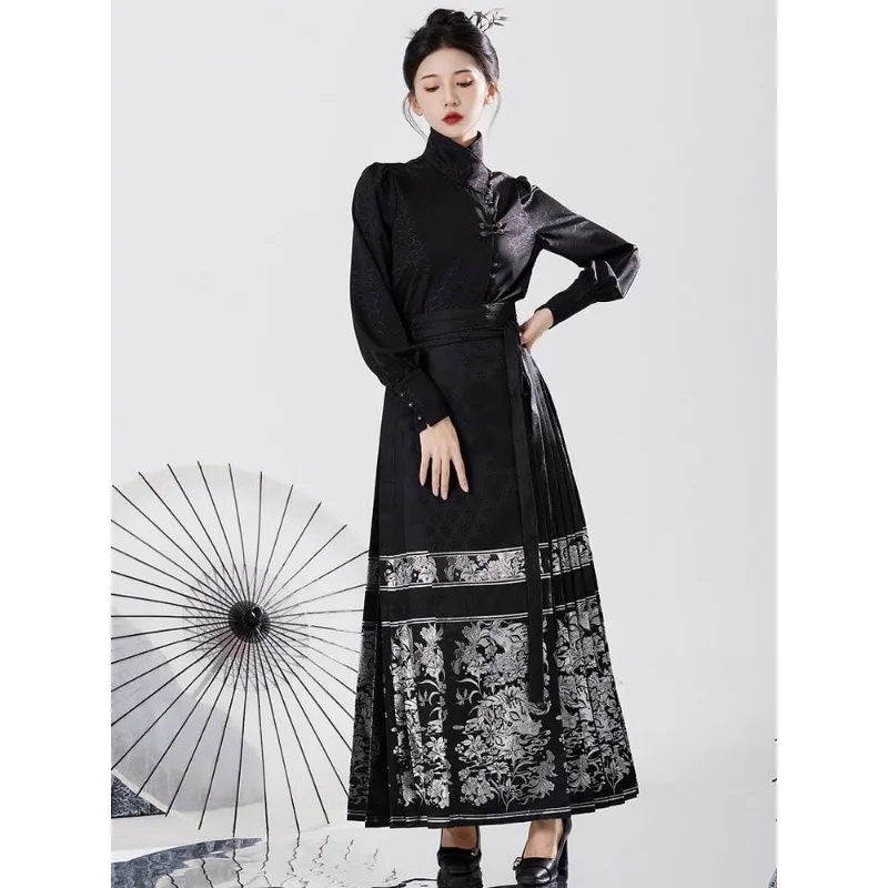 Chinese Stijl Zwarte Opstaande Kraag Jacquard Lange Mouw Hanfu Top Dameskleding 2024 Lente Herfst Vintage Chic Shirt Plus Size