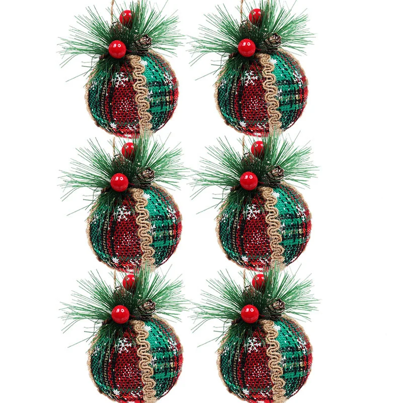 6pcs Christmas Tree Pendant Ball Decorative Cloth Art Red Lattice Foam Christmas Ball Hanging Decoration Hanging Pendants