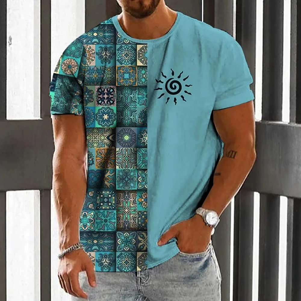 Men\'s T-shirt ethnic print casual short sleeved summer round neck street outfit retro men\'s loose fitting sports shirt