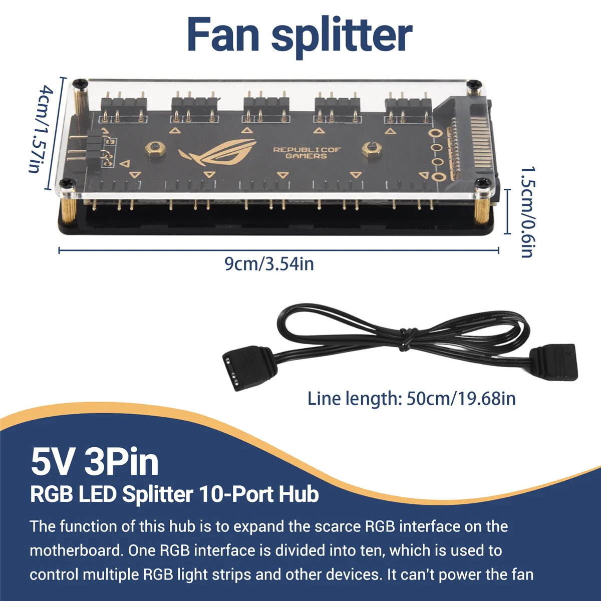 RGB LED Hub Splitter com Cabo de Extensão, 5V, 3Pin, 10 Port, 50cm