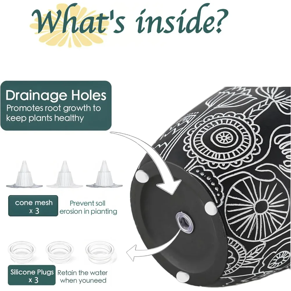terracotta pots, 6.5+5+4.4 inch plant pots with drainage hole- floral pattern, black boho ceramic planters for indoor plants, fl