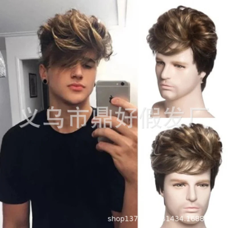 

Новый парик, европейские и американские мужские коричневые вьющиеся пушистые реалистичные двухцветные короткие волосы, высокотемпературная волокнистая шапка