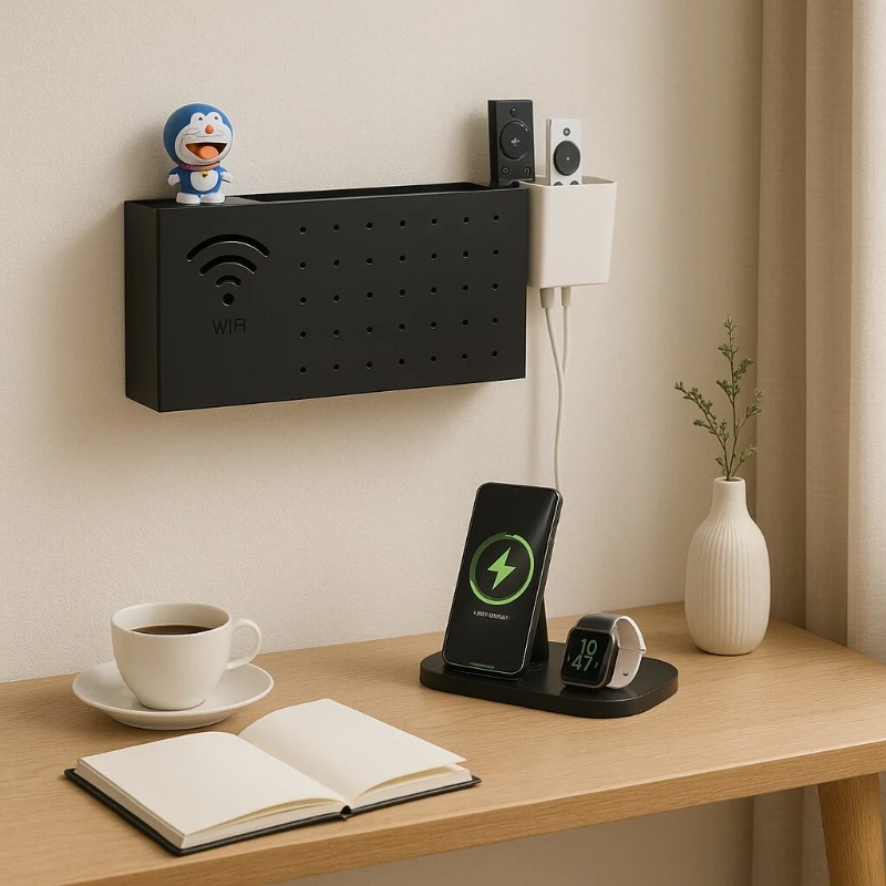 

Simple Set-Top Box Shelf, Wall-Mounted Space-Saving Router Storage Box, Home WiFi & Modem Organizer, No-Drill Storage Rack