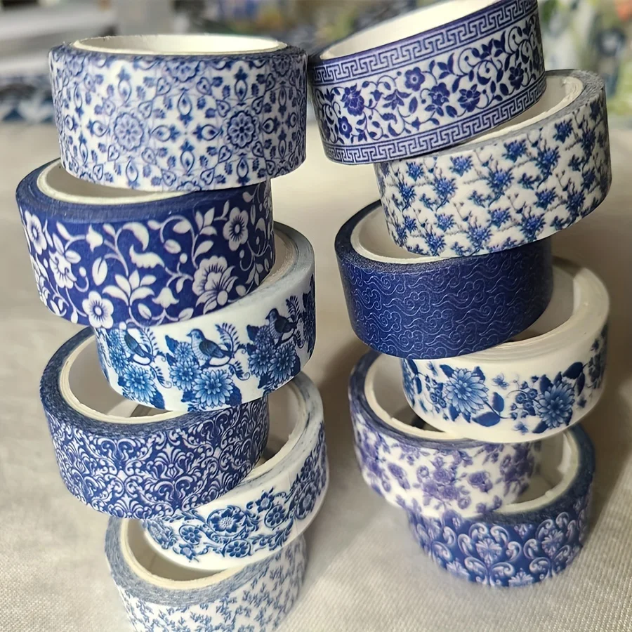 Blue & White Washi Tape Set; Pretty Chinoiserie Designs; 12 Rolls! Decorative Tape; Journaling, Scrapbooking