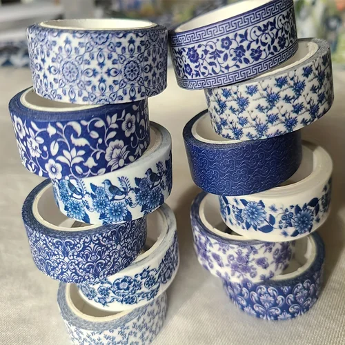 Juego de cintas Washi azules y blancas; Bonitos diseños de chinoiserie; ¡12 rollos! Cinta decorativa; Journaling, álbum de recortes