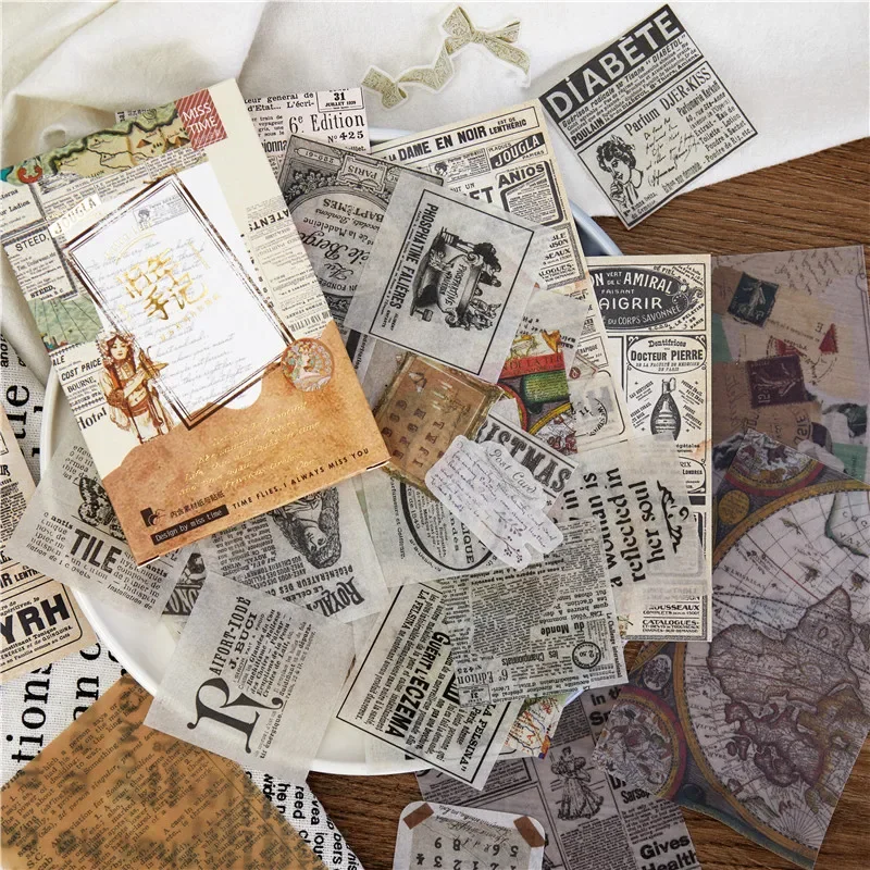 55pcs/lot Vintage Flower Newspaper Stickers Decorative Junk Journal Ephemera Stickers Diary Album Scrapbooking Craft Stickers