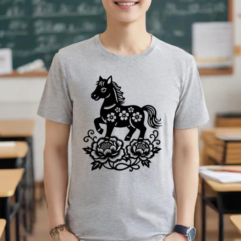 New Style Youth Year of The Horse Chinese Zodiac Art of Paper-cut Tee Lunar New Year 2026 for Unisex Lucky Gift Short-sleev