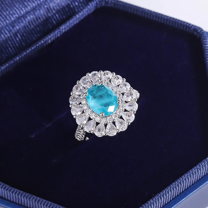 Luxurious Paraiba Sapphire Flower 925 Silver Plated Couple Ring for Women Geometric Zirconia Anniversary Gift Jewelry