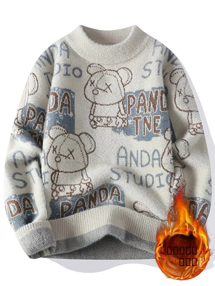 

Мужской зимний вязаный свитер с круглым вырезом, вышивкой в виде медведя, из норкового велюра, теплый, молодежный, повседневный, модный трикотаж