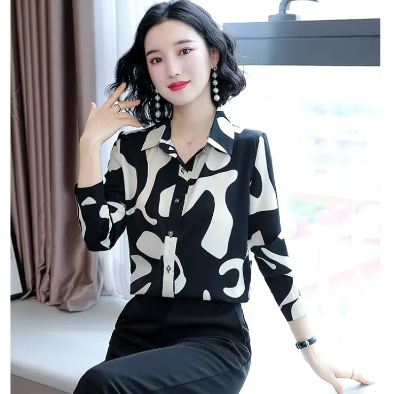 Office Lady Printing Button Blouse Spring Autumn New Long Sleeve Polo Neck Loose Casual Shirt Tops Vintage Fashion Women Clothes