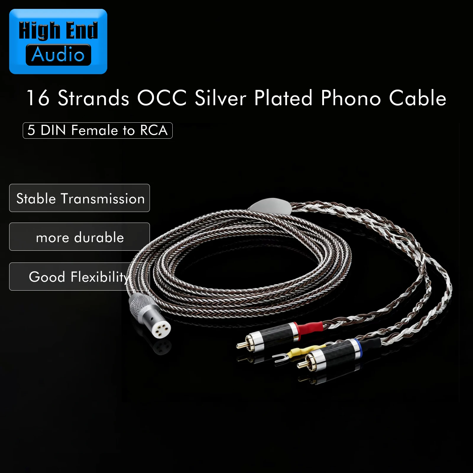 Preffair Silver Plated OCC 5-Pin DIN to Dual Carbon Fiber RCA Connector Phono Cable with Ground Wire for Turntable CD