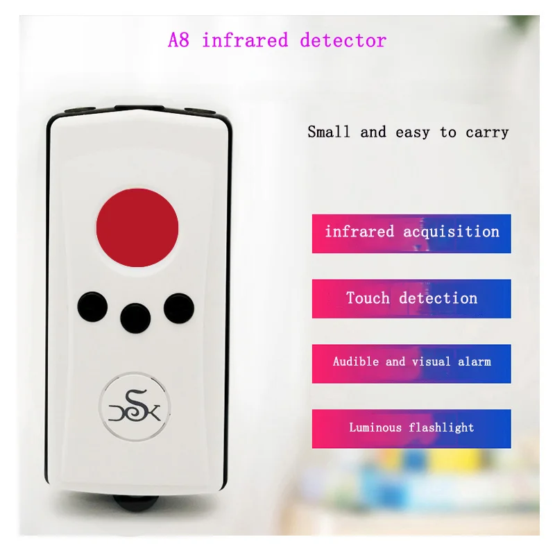 A8 Infrared Detection Pinhole Anti Camera Detector Hotel Anti-theft Monitoring Eavesdropping Audible and Visual Alarm Flashlight