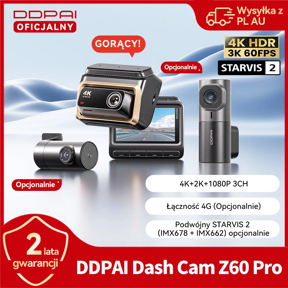 Kamera samochodowa DDPAI 4K Dash Cam Z60 Pro z obsługą HDR, przednia i tylna kamera do wnętrza samochodu, czujnik SONY STARVIS2 678, Wi-Fi 5 GHz, GPS, ADAS, rejestrator jazdy 4G wideorejestrator