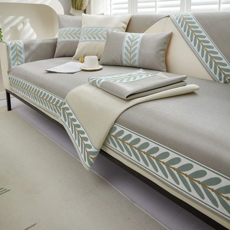 Summer Ice silk Sofa Cover Non-Slip Cushion Jacquard Cool Cushion Living Room Sofa Backrest Armrest Leather Sofa Cover Seat