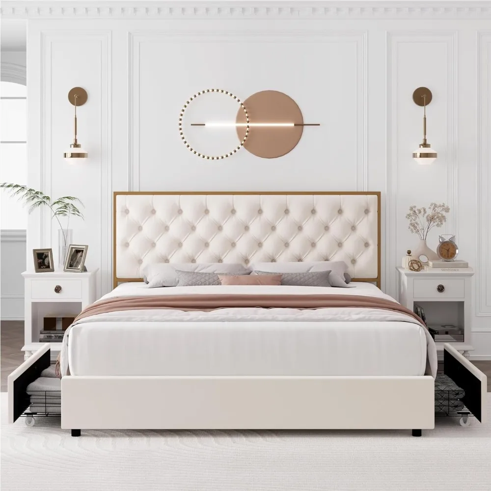 Queen Upholstered Bed Frame with 4 Storage Drawer and Handmade Button Tufted Headboard