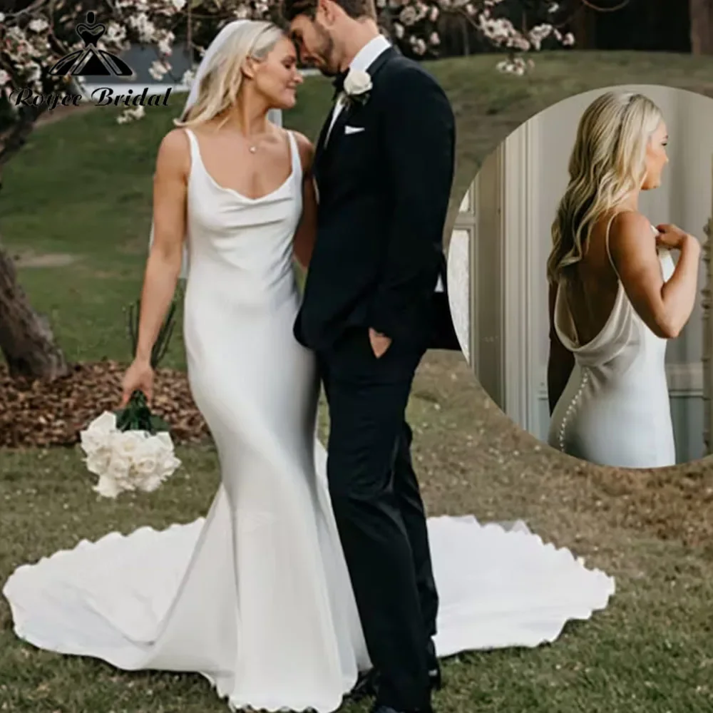 

vestido de novia Mermaid Wedding Dresses 2025 Sexy Open Back Beach Wedding Gowns Handmade Satin Sweep Train Buttons Bridal Dress