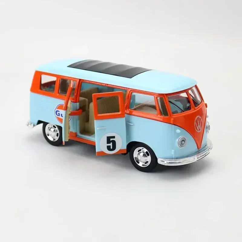 1:30 Volkswagen T1 Samba Bus Transporter Van Gulf Blue Alloy Diecast Model Toy with Decoration Base VW Official Licensed Product