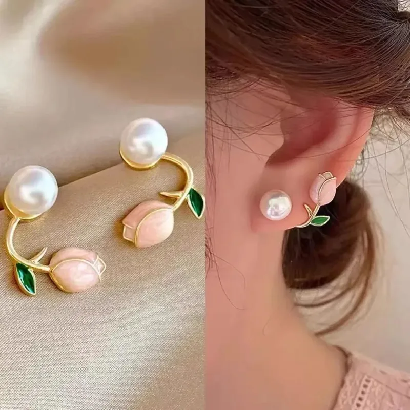 Bonito doce esmalte tulipa flor pérola brincos para meninas mulheres temperamento volta pendurado brinco moda jóias
