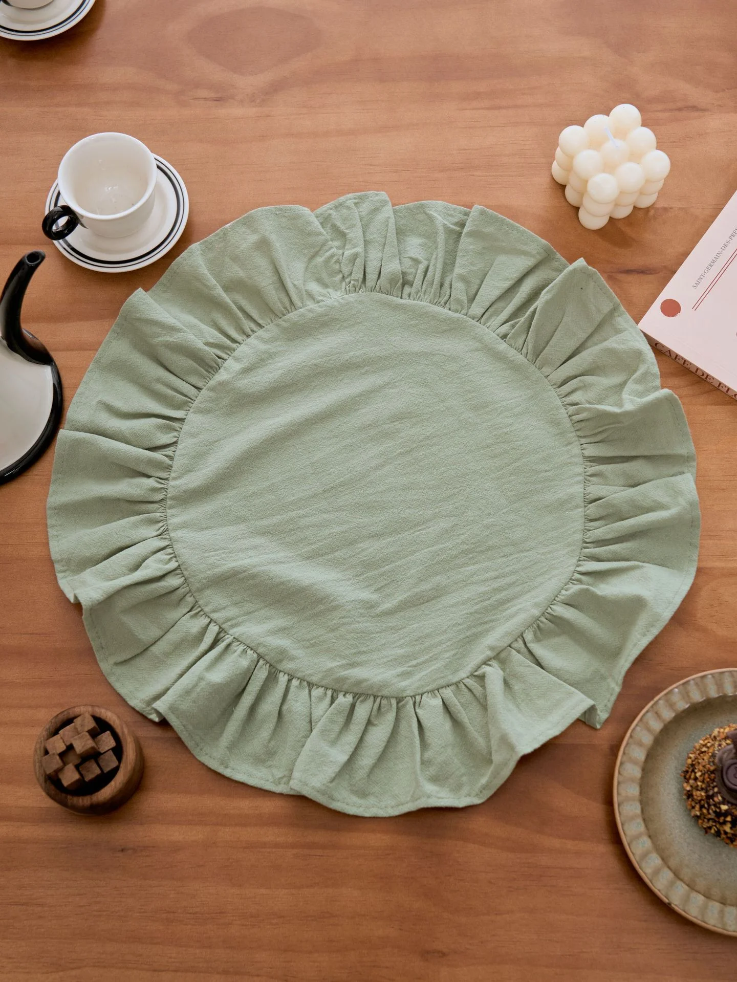 1/2/6 PC Pastel Round Dining Placemats, Ruffled Fabric Table Mats For Kitchen, Party & Home Decor