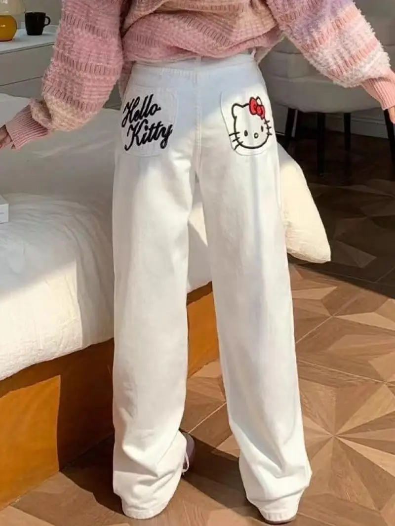 Hot Kawaii Holle Kitty Embroidered Straight Jeans Sanrio Girl Cute Student Versatile Loose Slimming Wide Leg Pants Casual Wear