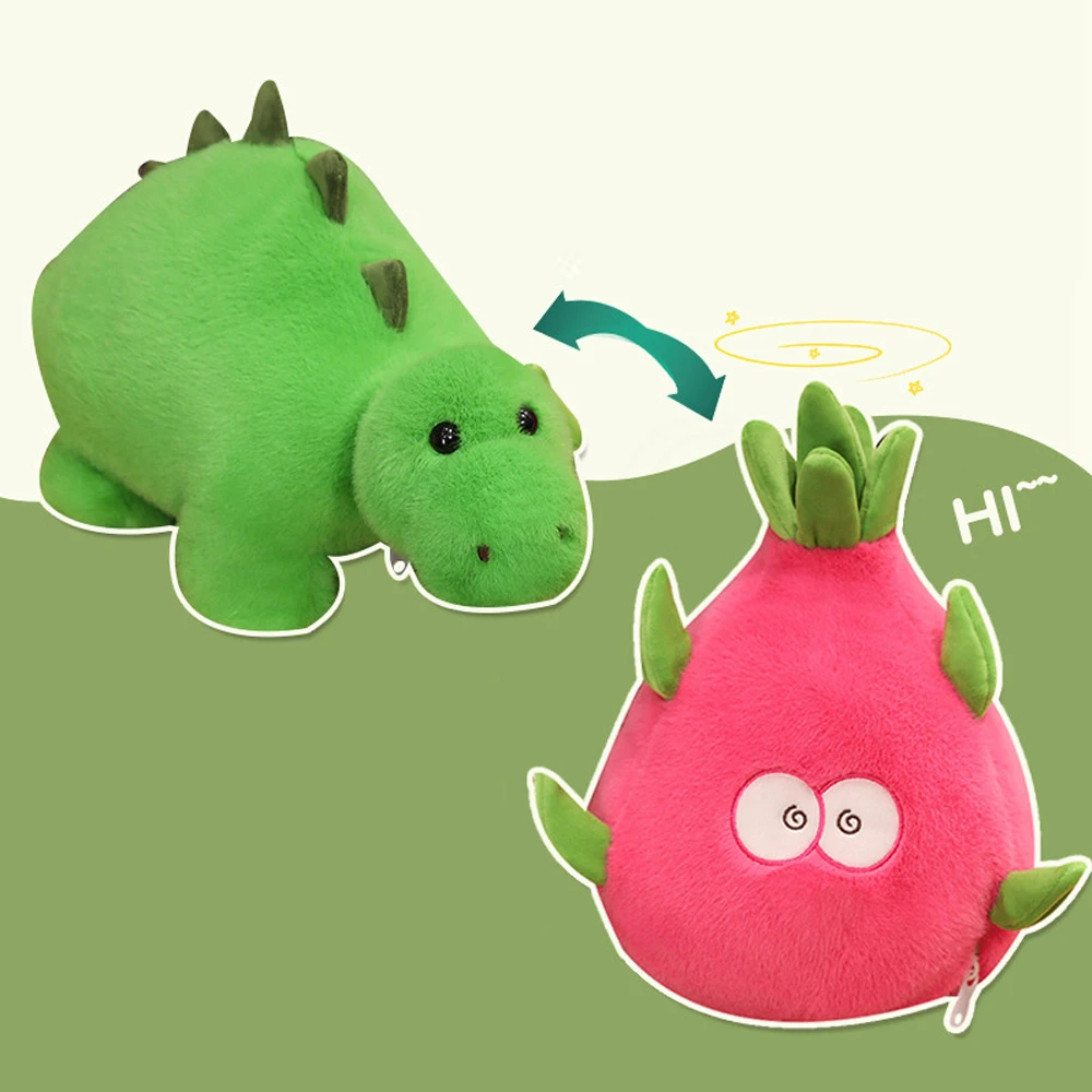 Hot Funny Reversible Dragon to Pitaya Plush Toys Stuffed Double-Sided Fruit to Dinosaur Stegosaur Plushies Pillow Kids Gifts