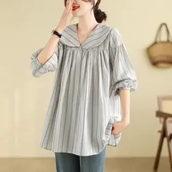 Large Size Doll Neck Stripe Loose 3/4 Sleeve Medium Length Shirt for Women's Early Spring Summer New Casual Slimming Trendy Top