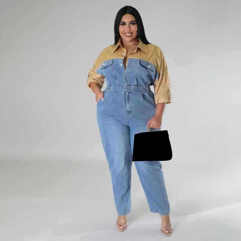 

WUHE Patchwork Denim Jumpsuit Plus Size Women Long Sleeve Elegant Packets One Piece Overall Jeans Romper Casual Street Outfit