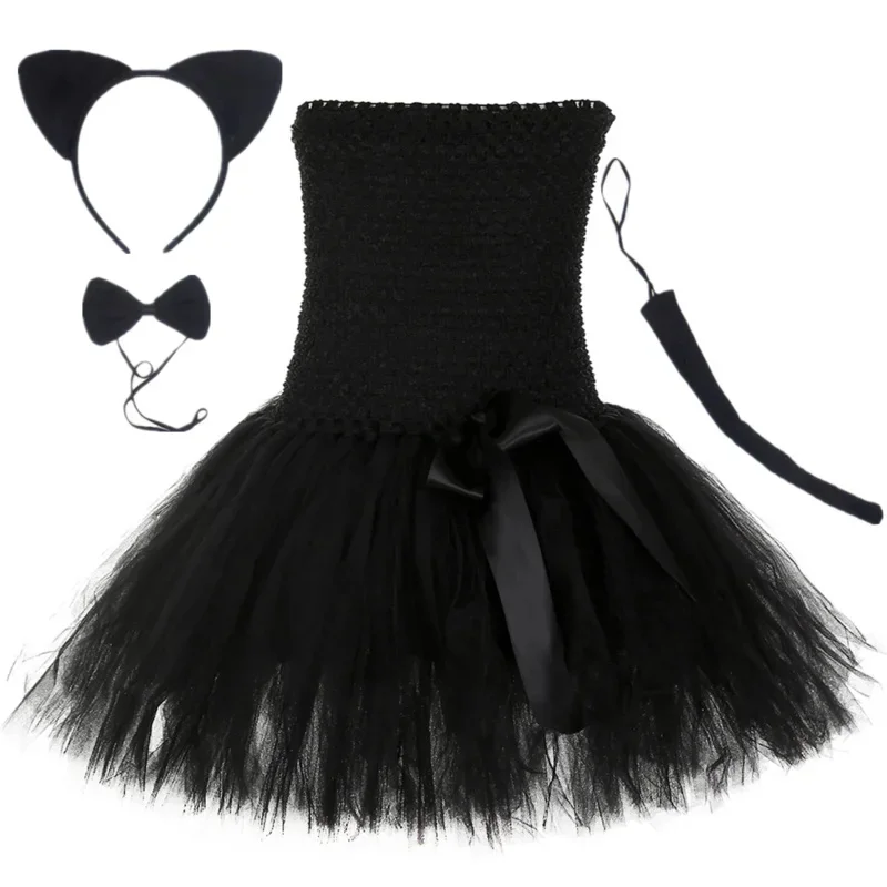 Black cat girls tutu dress knee-length tulle birthday party dresses Halloween Kitty cosplay costume for kids clothes