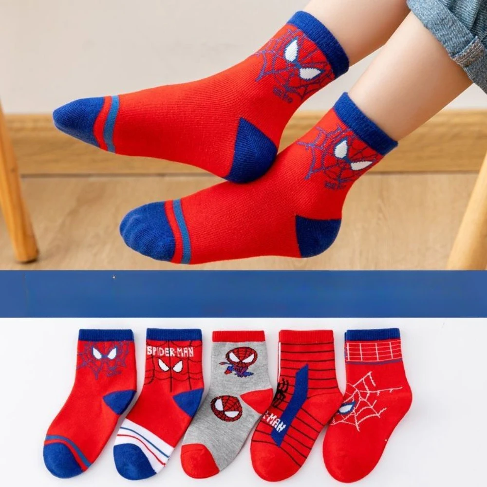 5 Pairs Marvel Children Cute Cartoon Soft Socks Kids Spider Man Fashion Medium tube socks Boys Girls cotton socks 1-12Years