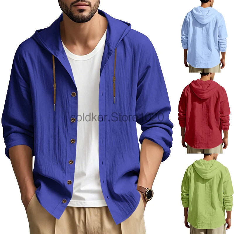 New Men's Solid Color Casual Long Sleeve Hooded Shirt Fashion Drawstring Cotton Linen Single-breasted Tops Male Streetwear
