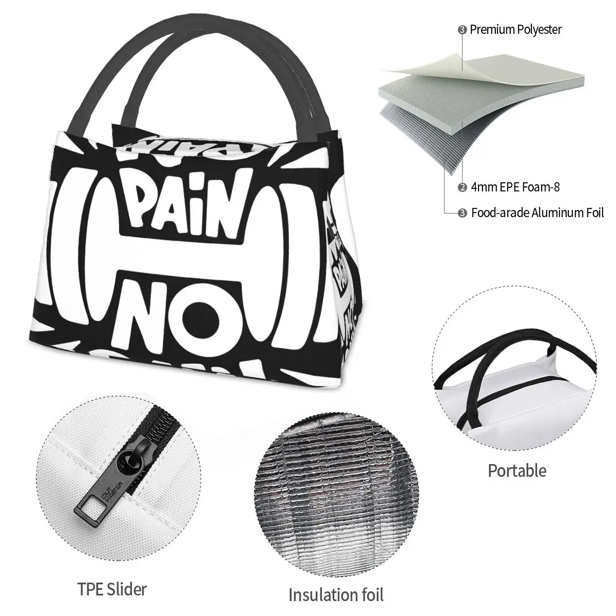 No Pain No Gain Portable insulation bag for Cooler Food Office Pinic Container