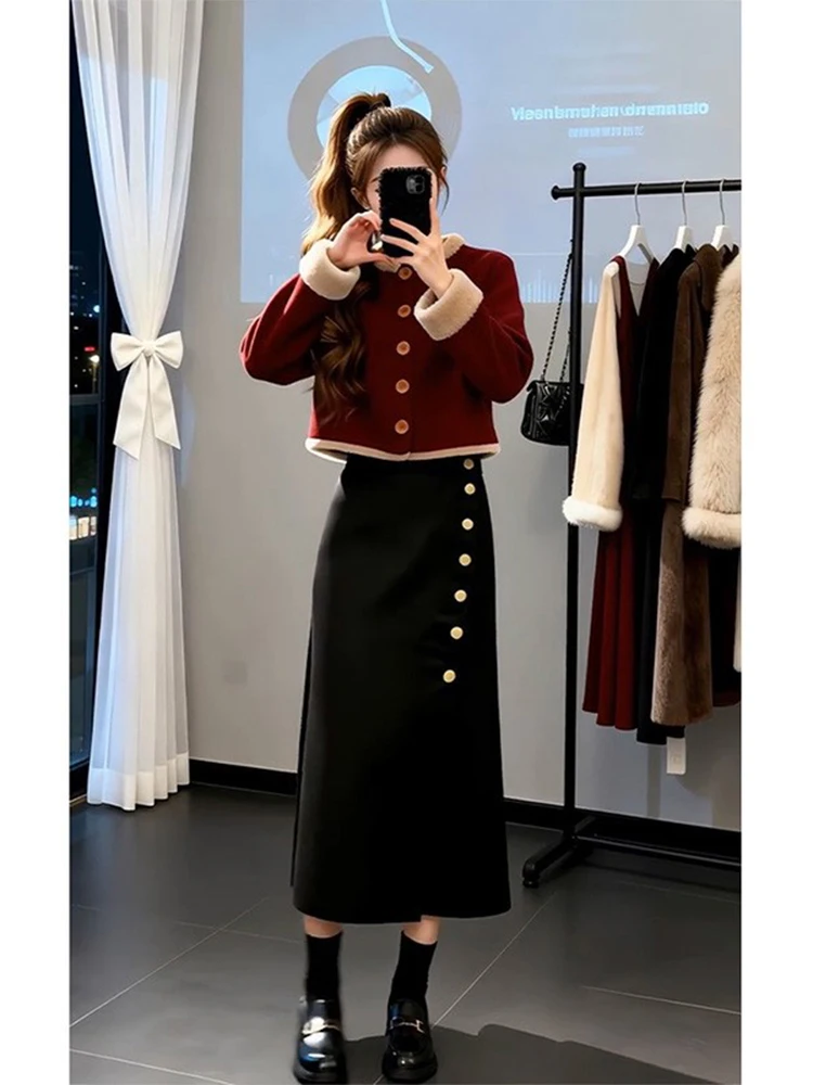 Red Plaid Woolen Jacket Women's Early Spring New Style Youthful Loose Slimming Warm Top Composite Fabric Long Sleeve round Neck