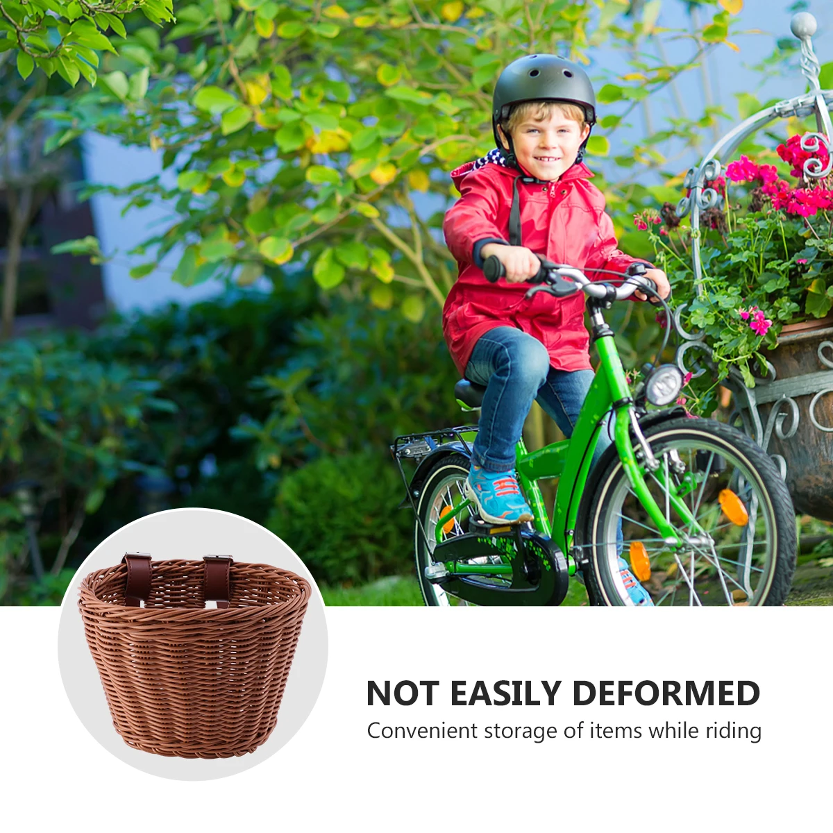 

Kids Bicycle Front Bike Basket Storage Solution PE Rattan Style Large Capacity Tea Color Retro Appearance Easy Install Remove