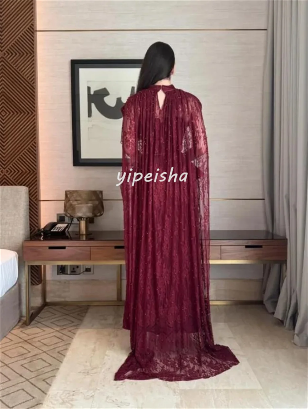 تخصيص مطابقة معقدة الدانتيل الطية Ruched اللؤلؤ الديكور مستقيم عالية الياقة فساتين متوسطة الطول فساتين مناسبة مخصصة رسمية