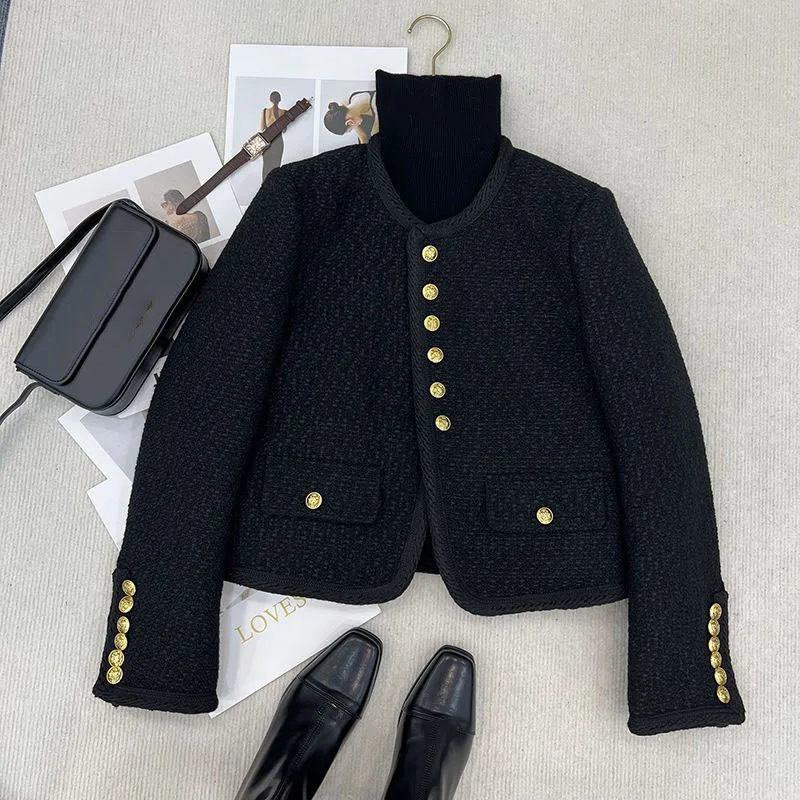 

Black Small Fragrant Style Wool Jacket For Women Spring Autumn Advanced Sense Short Tweed Woolen Coat Temperament Outwear Tops