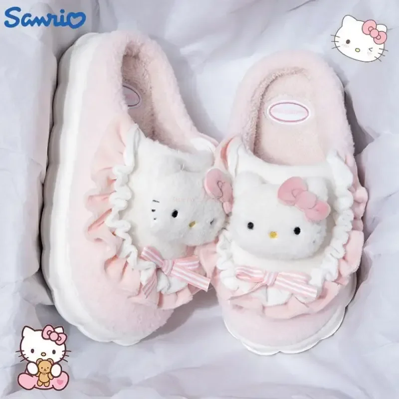 

Тапочки Hello Kitty для женщин и девушек, Мультяшные зимние теплые женские нескользящие домашние тапочки Sanrio Melody, обувь Kuromi, подарок