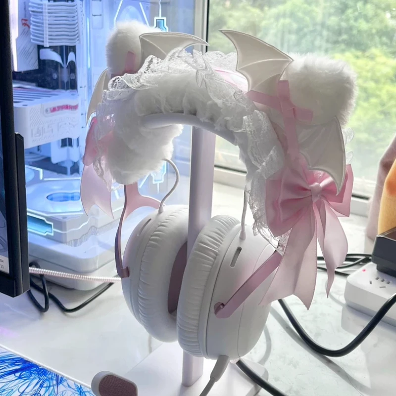 Pink White Devil Meow Head Mounted Headphone Case Customization Cute Headphone Storage Rack Desktop Display Stand Accessories
