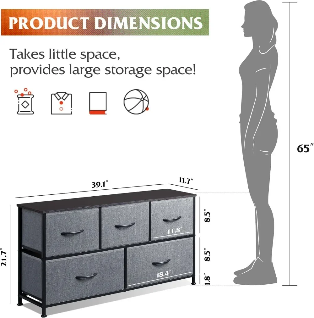 Cómoda para dormitorio con 5 cajones, unidad organizadora de almacenamiento con contenedores de tela para armario, sala de estar y pasillo