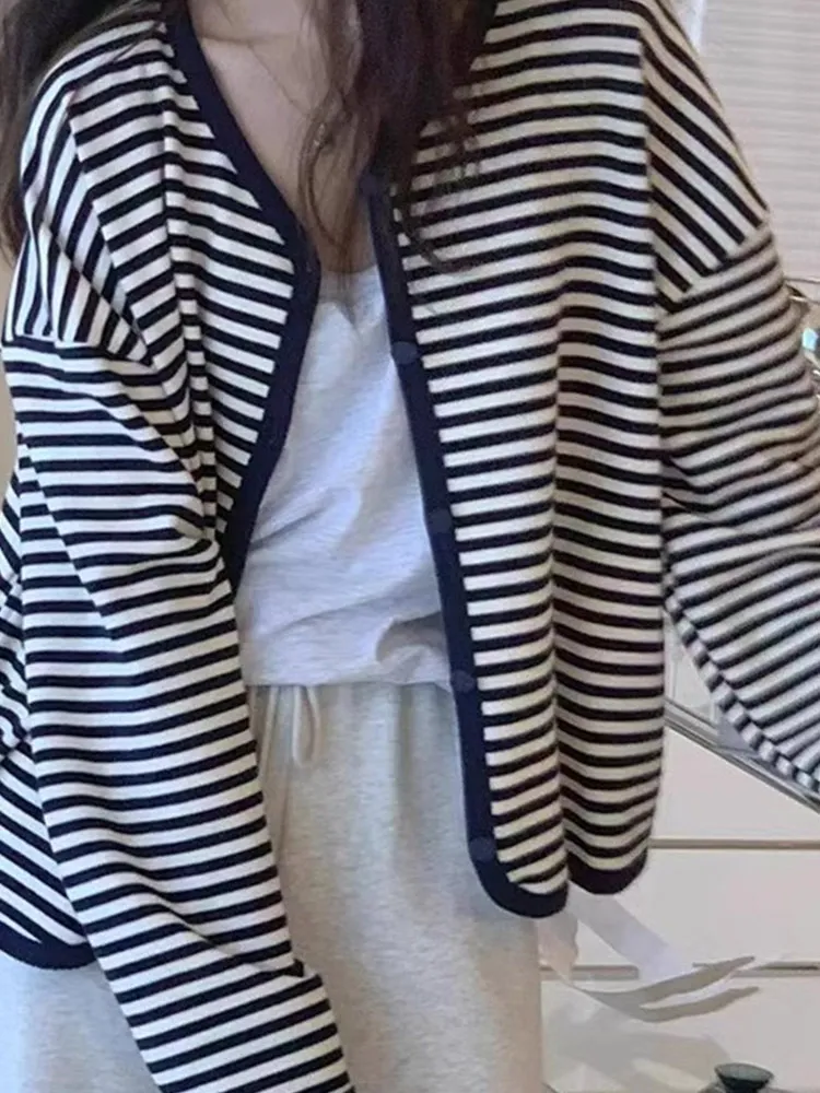 ストライプニットカジュアルロングスリーブレディースカーディガンファッショナブル通勤スレ韓国版エイジルレジャーアウターウェア