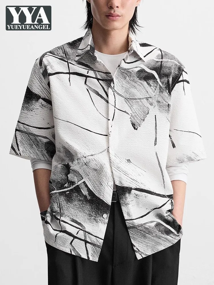 

High Street Floral Printed Mens Summer Casual Shirt Single Breasted Lapel Collar Loose Fit Tops New Designer Party Shirts