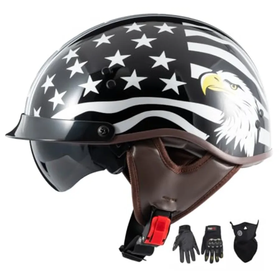 

Motorcycle Half Helmet with Retractable Inner Sun Shade Quick Release Buckle DOT Approved Half Face Cycling Helmets for Men Wom