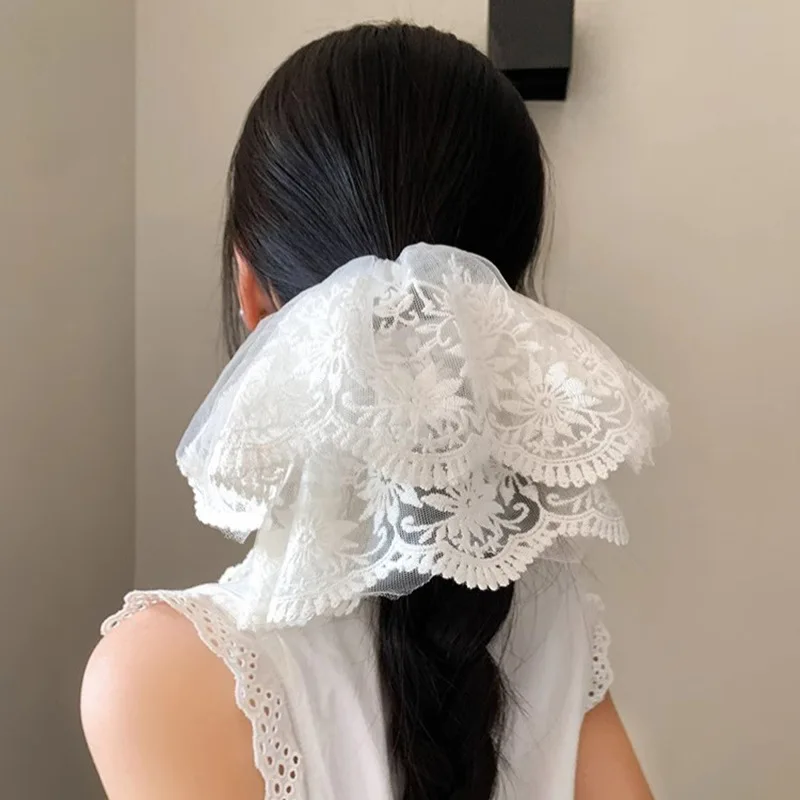 

1 Piece France Simplicity Beige Color Hair Band for Girl Cute Lace Embroidery Floral Hair Ties Scrunchies Women Hair Accessories